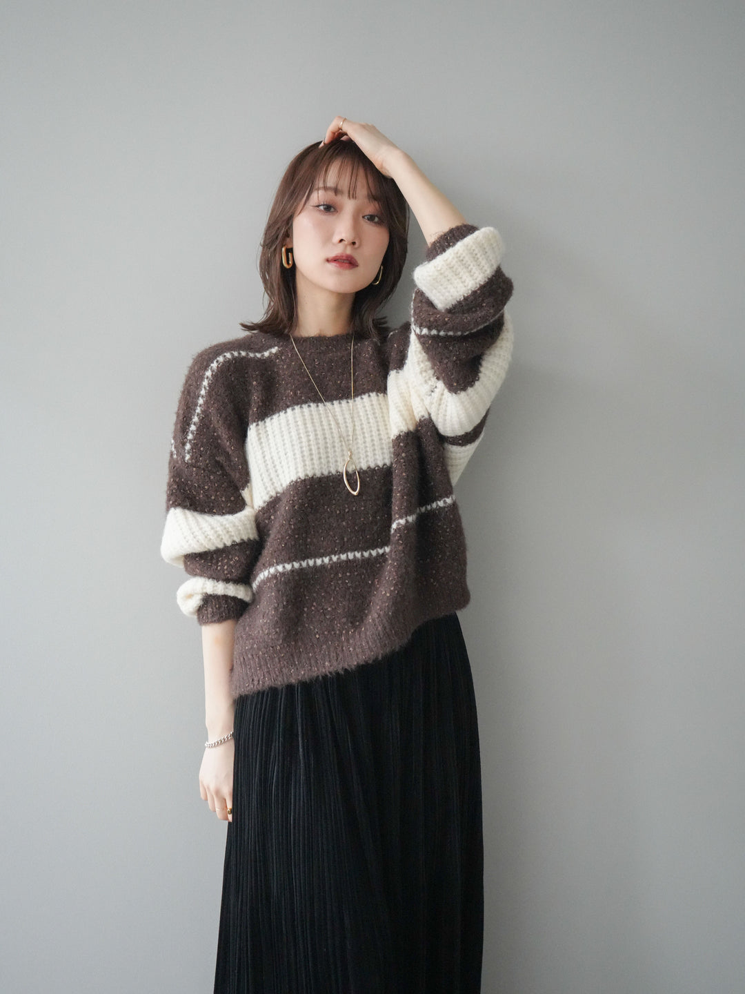 [予約]ネップヤーンボーダーニットプルオーバー/brown