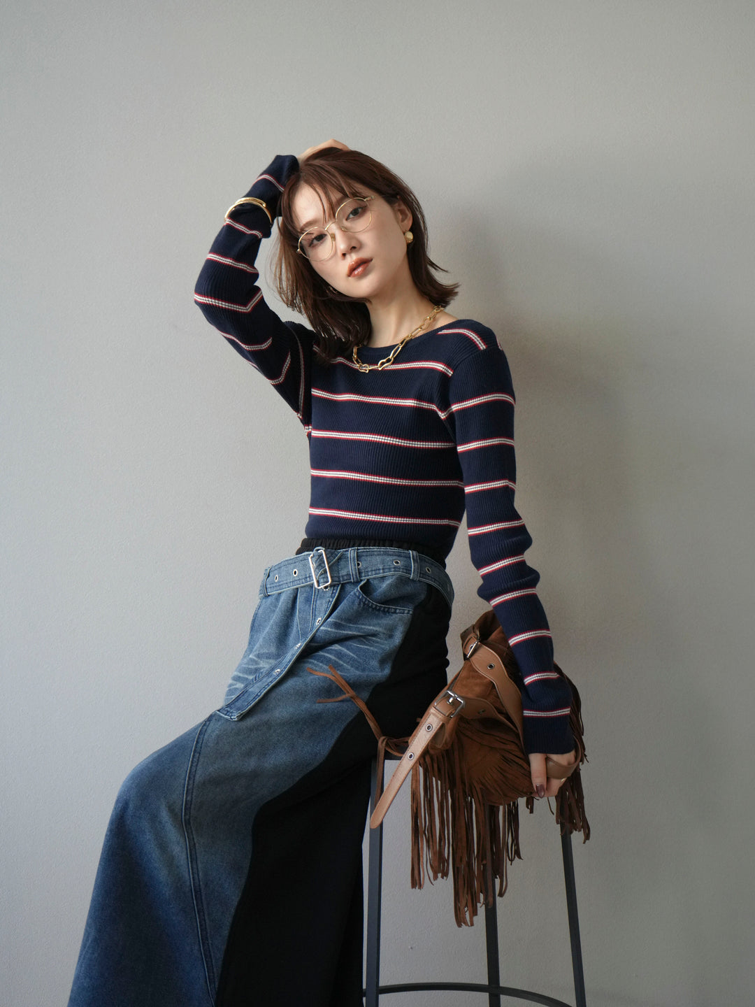 [予約]バックオープンボーダーテレコリブトップス/ネイビー