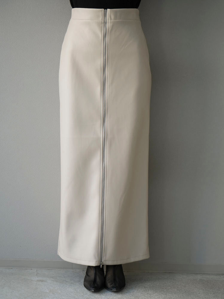[Pre-order] Front zip faux leather tight skirt/ivory