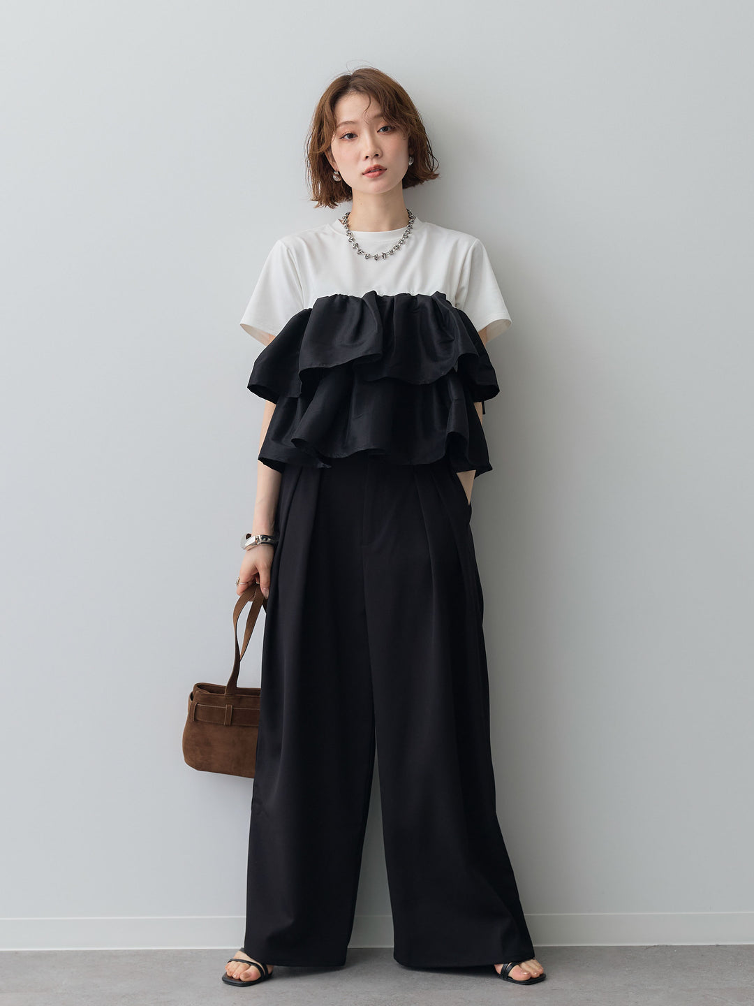 [SET]フリルティアードTEE+クレープデシンタックワイドパンツ(2set)