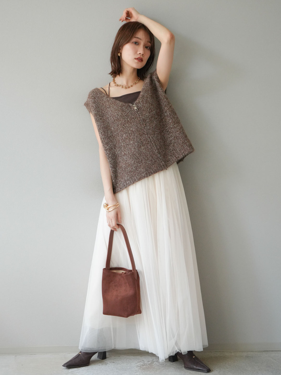 [予約]フロントZIPミックスニットベスト/ブラウン