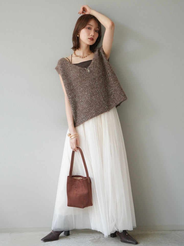 [予約]フロントZIPミックスニットベスト/ブラウン