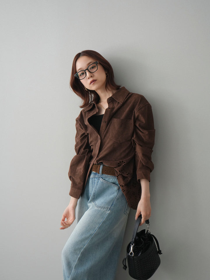 [SET]裾スカラップスエードシャツ+ベルト付裏起毛カーブデニムパンツ(2set)