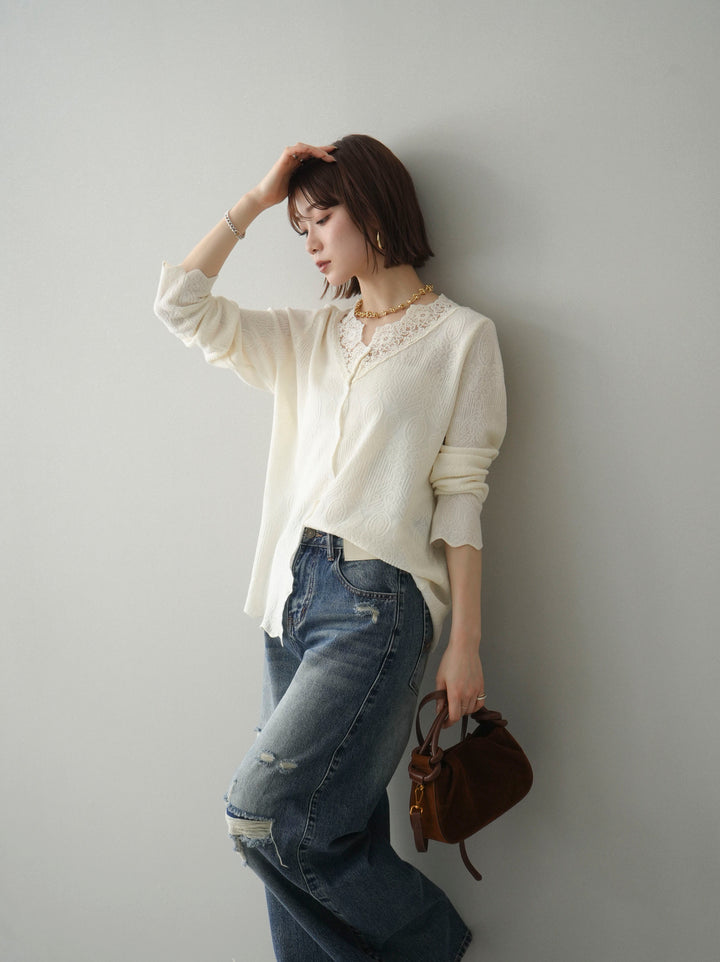 [SET]レースネックジャガードニットカーディガン+ダメージデニムセミワイドパンツ(2set)