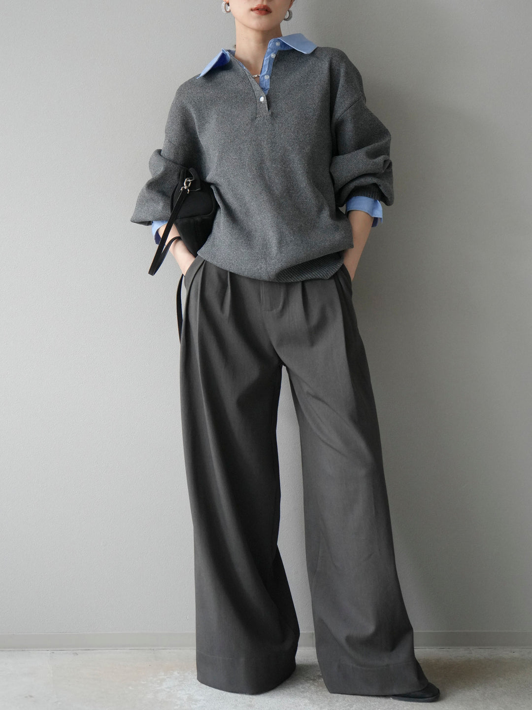 【SET】翻領polo針織套衫+雙褶闊腿褲（2件組）