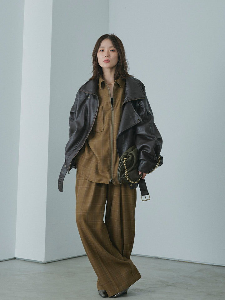 【Allure】[SET]スタンドカラーレザーブルゾン+杢チェックZIPシャツジャケット+杢チェックタックパンツ(3set)