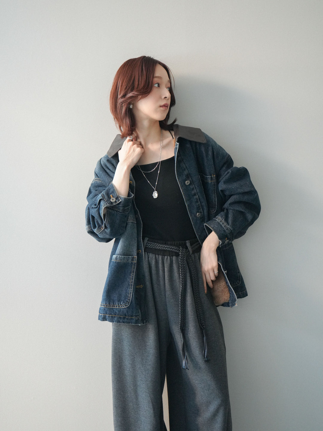 [SET]裏地ファーデニムフライトジャケット+編み込みベルト付きウエスト配色スエットパンツ(2set)