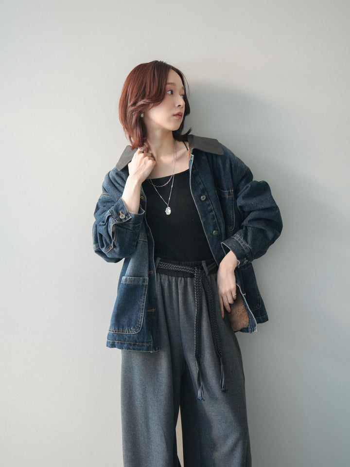 [SET]裏地ファーデニムフライトジャケット+編み込みベルト付きウエスト配色スエットパンツ(2set)