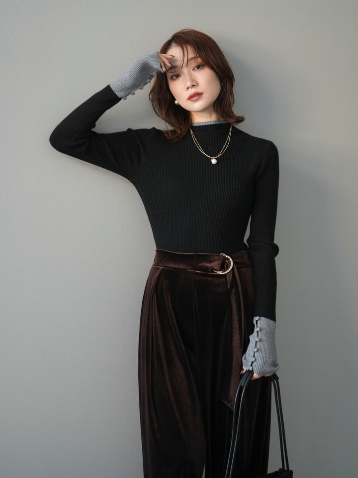 [予約]袖ボタンハイネック配色リブニットトップス/black