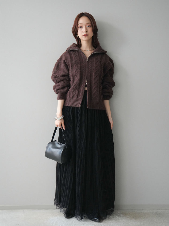 [SET]ケーブル編みハイネックZIPニットカーディガン+裾レーススウェードプリーツマキシスカート(2set)