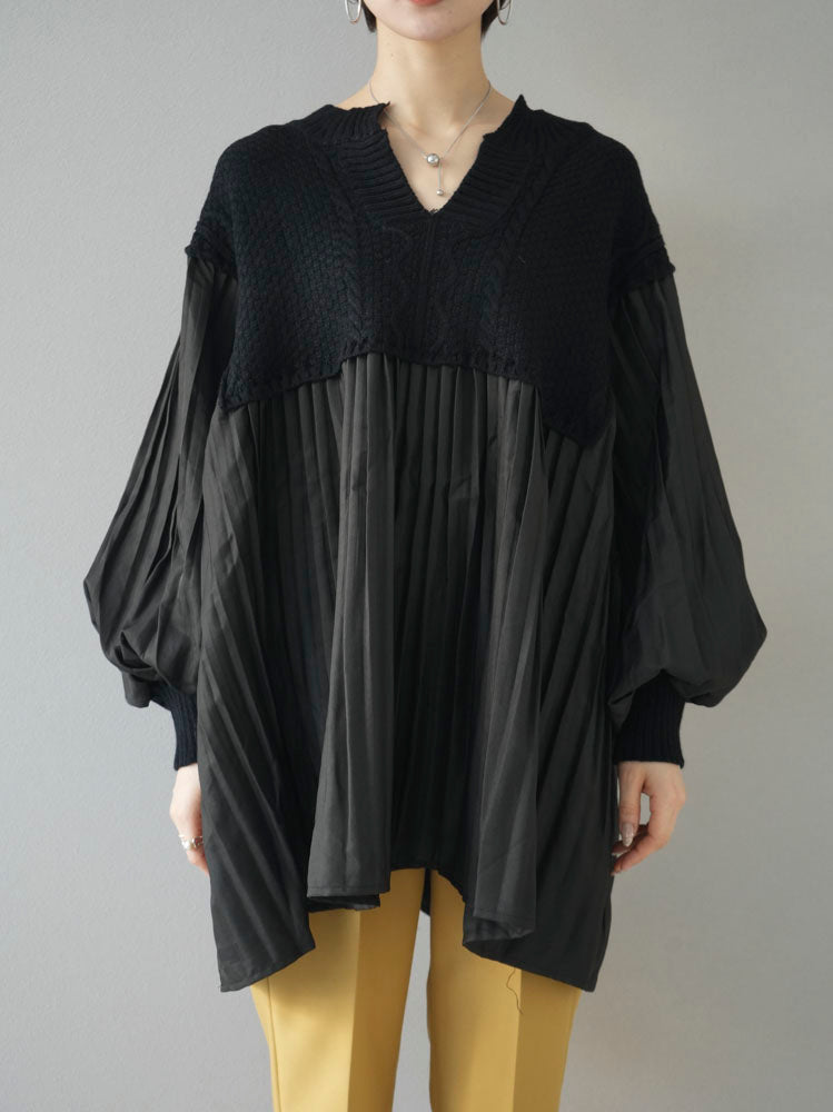 [Pre-order] Pleated blouse docking key neck knit pullover/black