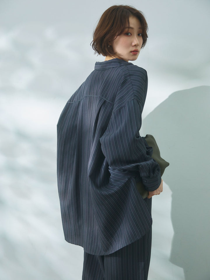 【Allure】[SET]ストライプオーバーシャツ+フロントボタンテレコリブタンクトップ(2set)