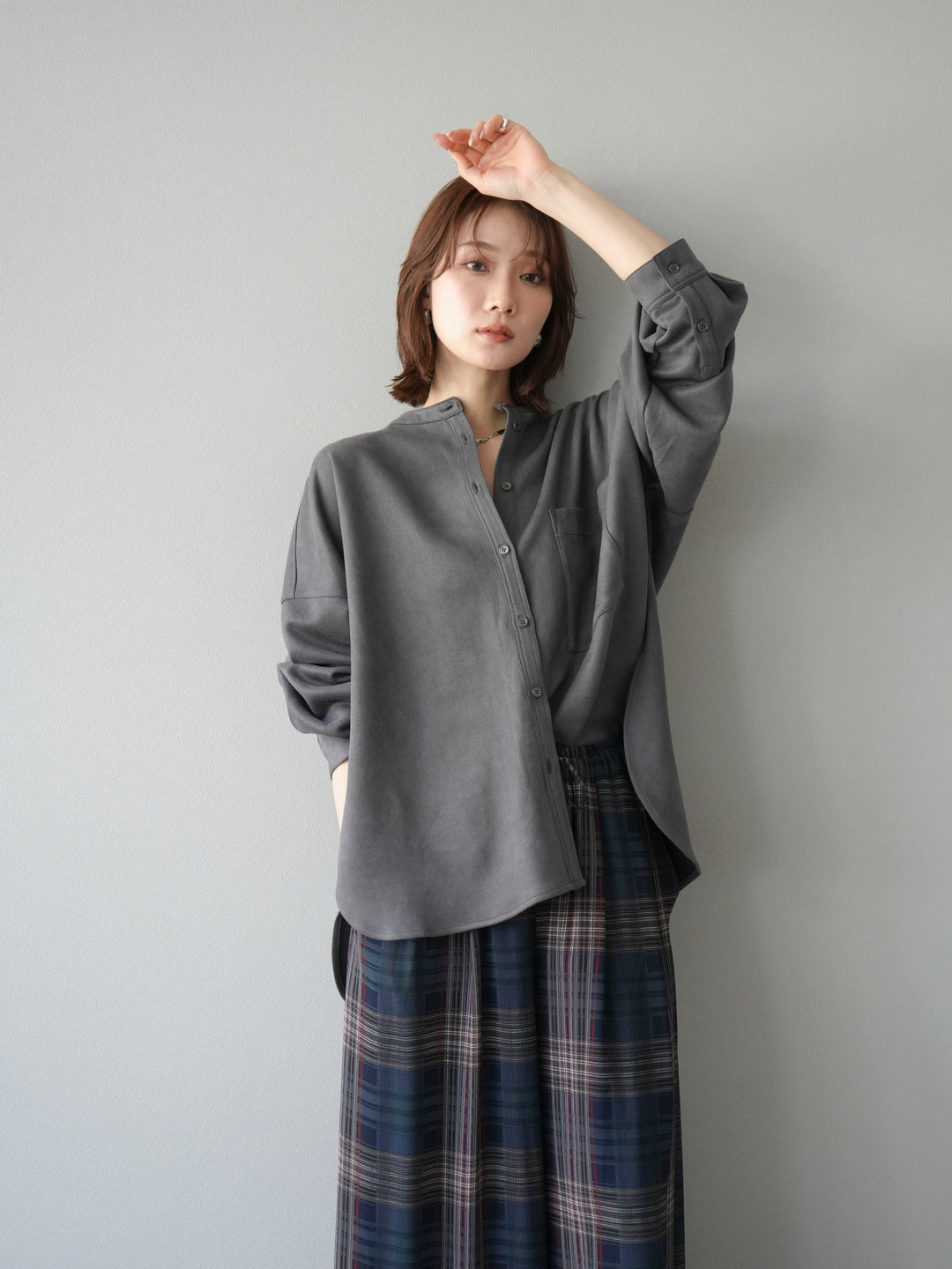 [SET]スエードバンドカラーオーバーシャツ+シアーチェックバギーパンツ(2set)