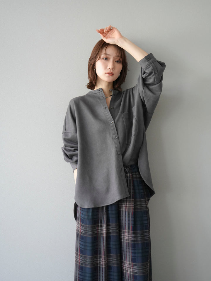 [SET]スエードバンドカラーオーバーシャツ+シアーチェックバギーパンツ(2set)