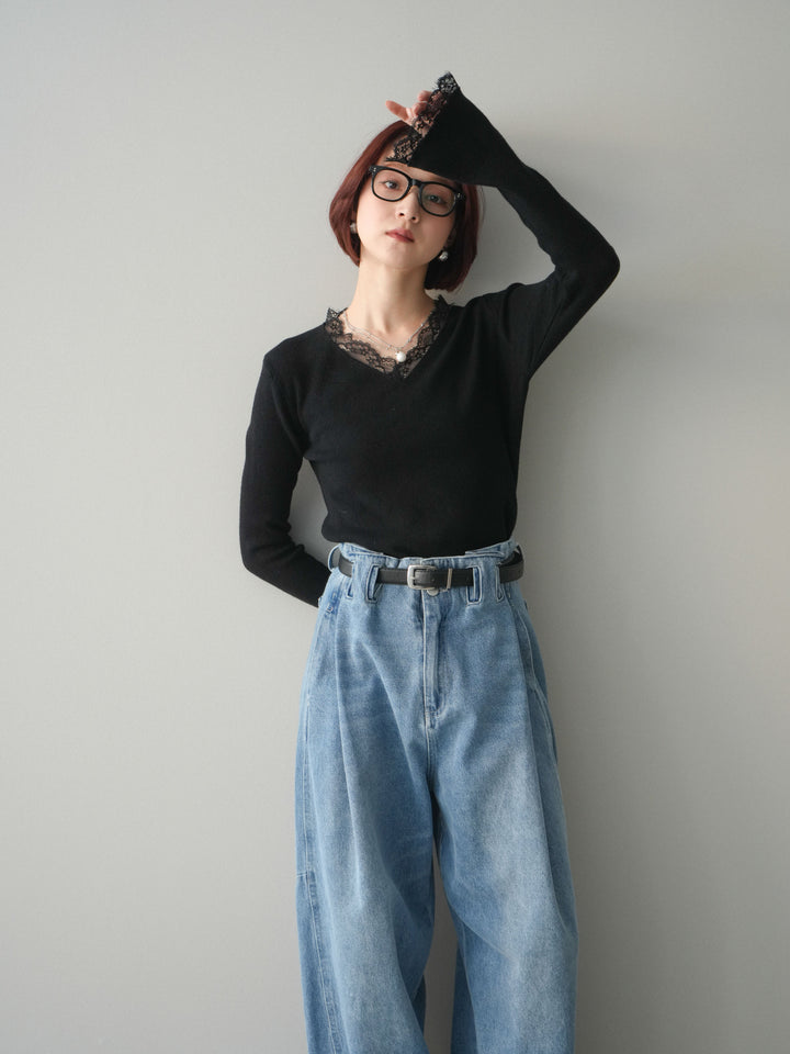 [SET]レースドッキングVネックニットトップス+ハイウエストベルトループデザインデニムパンツ(2set)