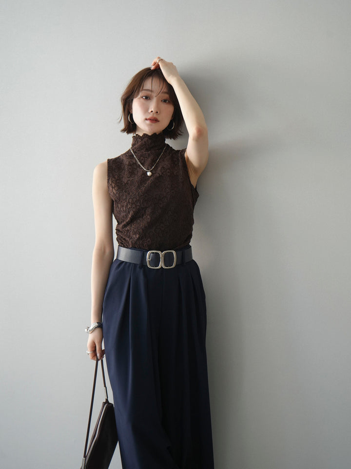 [予約]ノースリーブプチネックフラワージャガードトップス/brown
