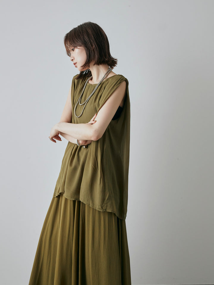 [預購] 透視褶肩襯衫/綠色