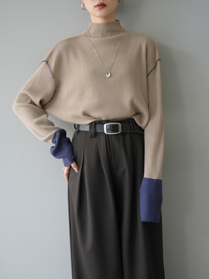 [予約]ボトルネック配色リブニットプルオーバー/ベージュ×アイアンブルー