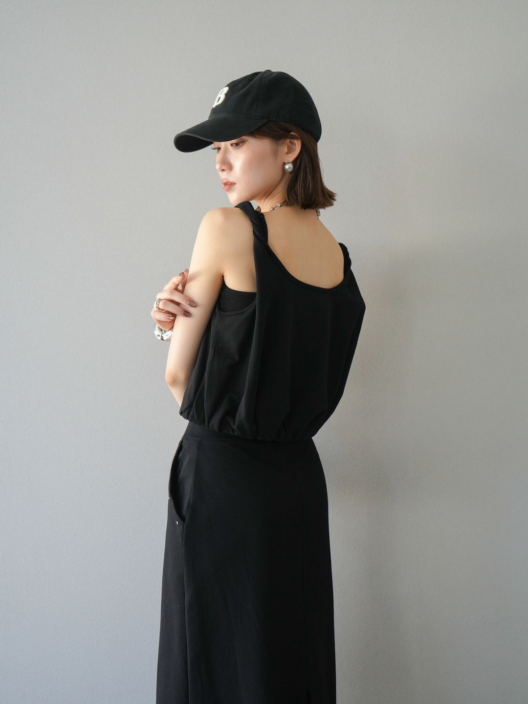 [SET]ミニ裏毛ツイストキャミバルーントップス＆Iラインスカート(2set)