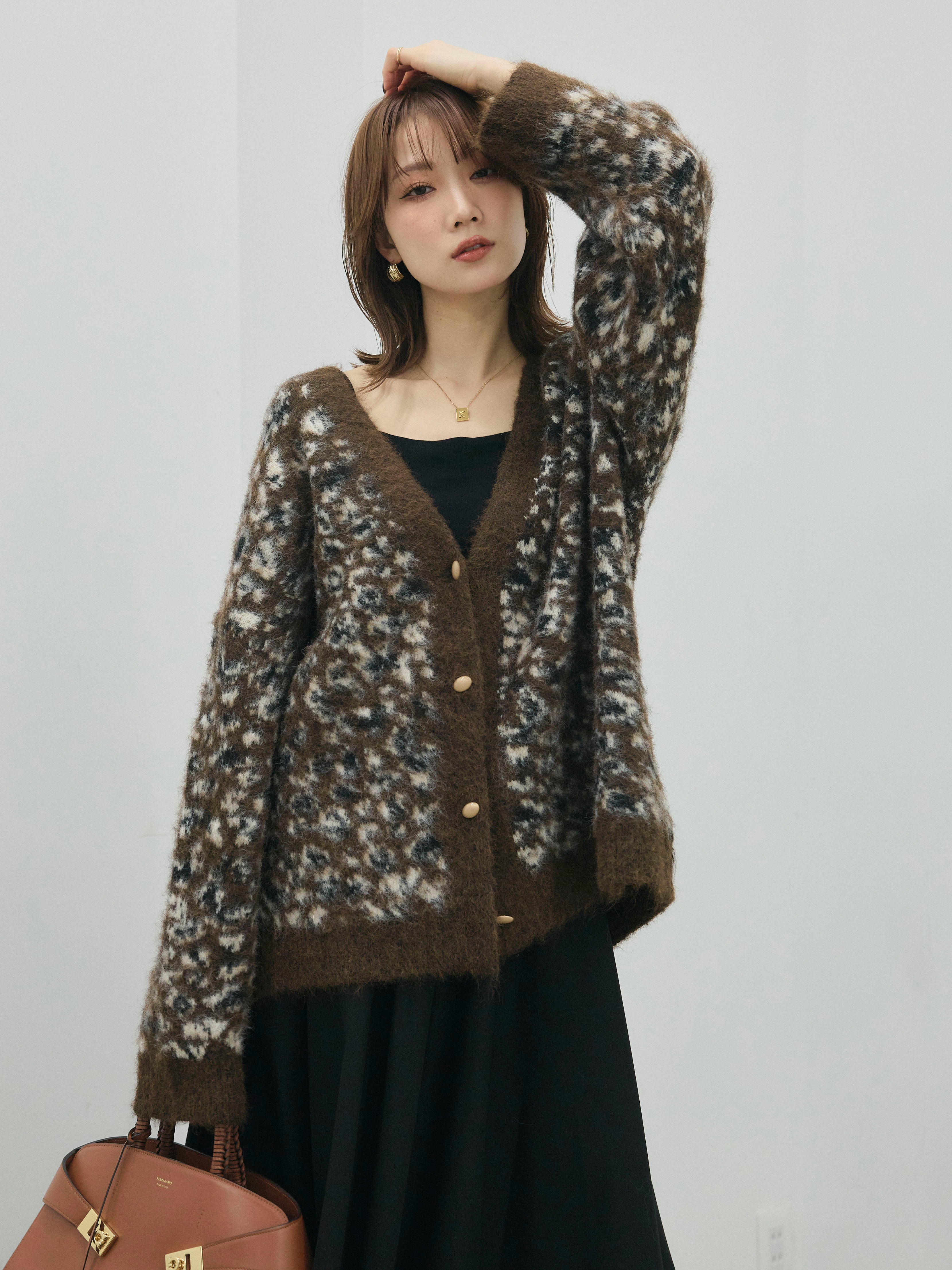 Allure】[SET]レオパードシャギーニットカーディガン+ウールタッチ