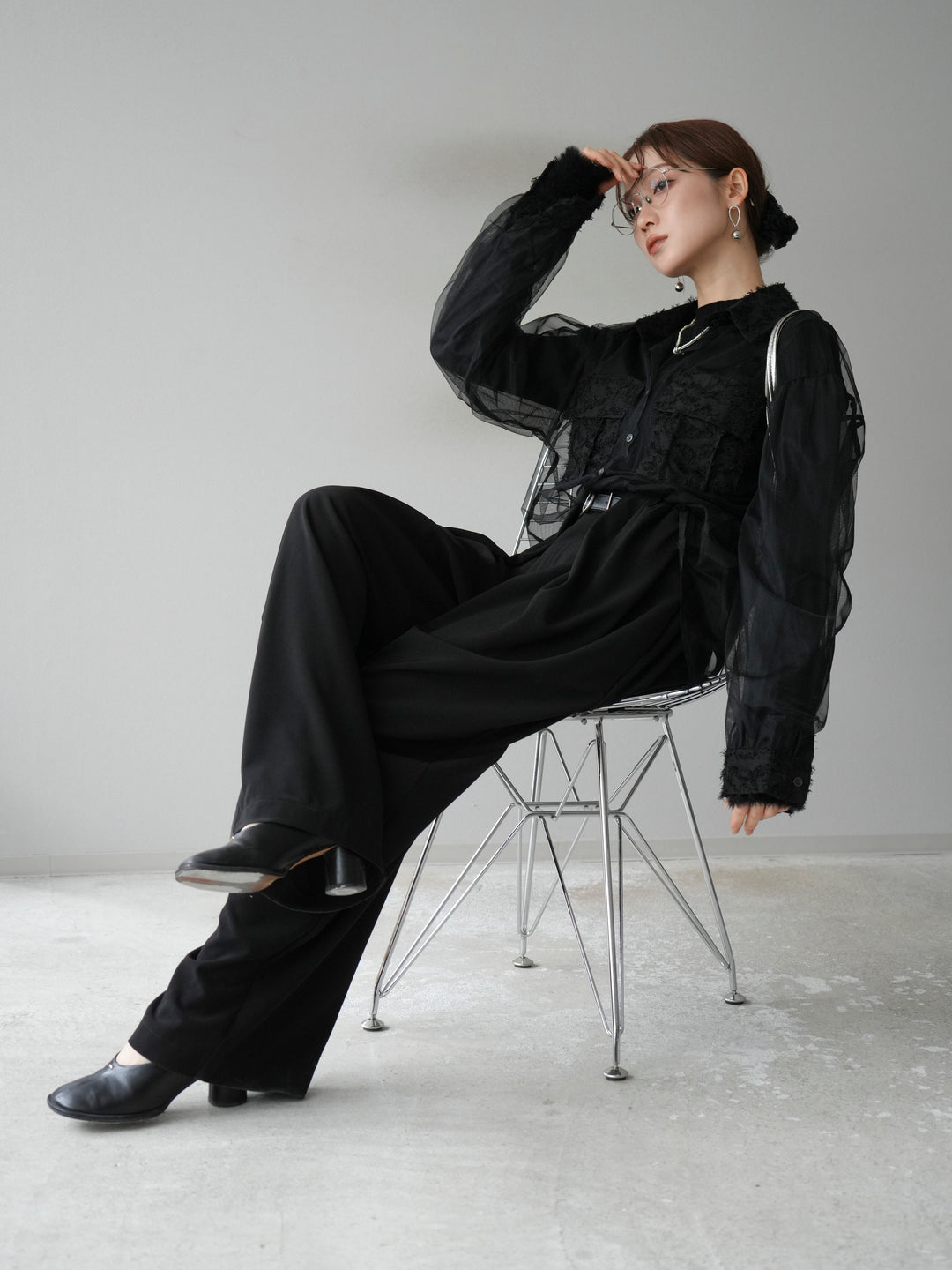 [予約]フリンジジャガード×チュールレイヤードシャツ/ブラック