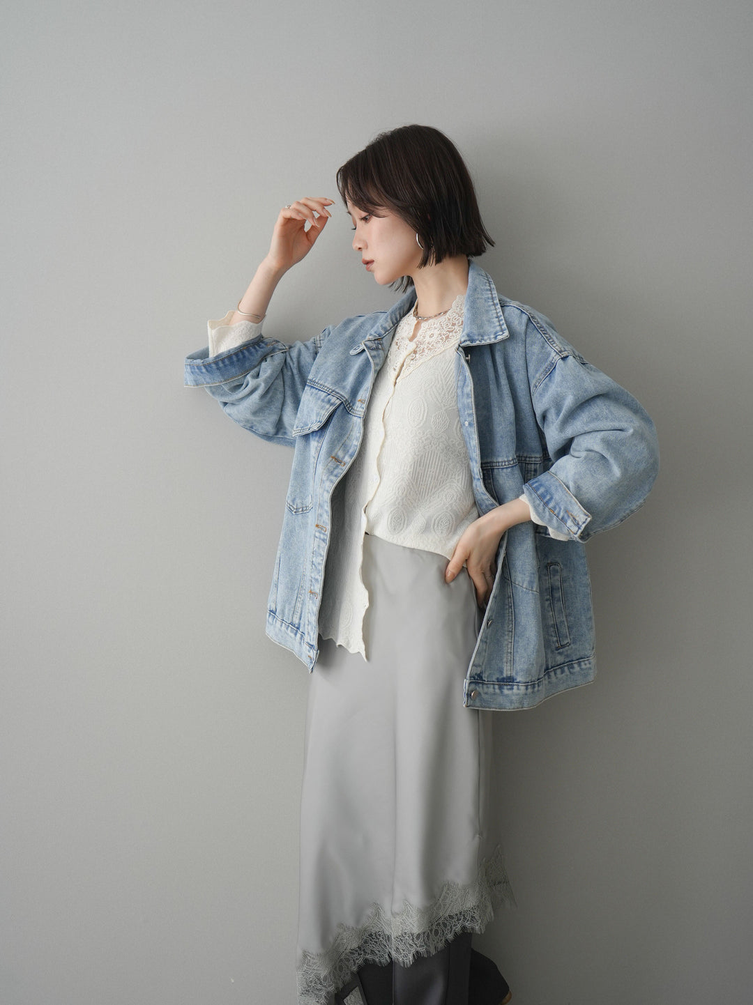 [SET]デザインBIGポケットオーバーデニムジャケット+選べるアクセセット(2set)