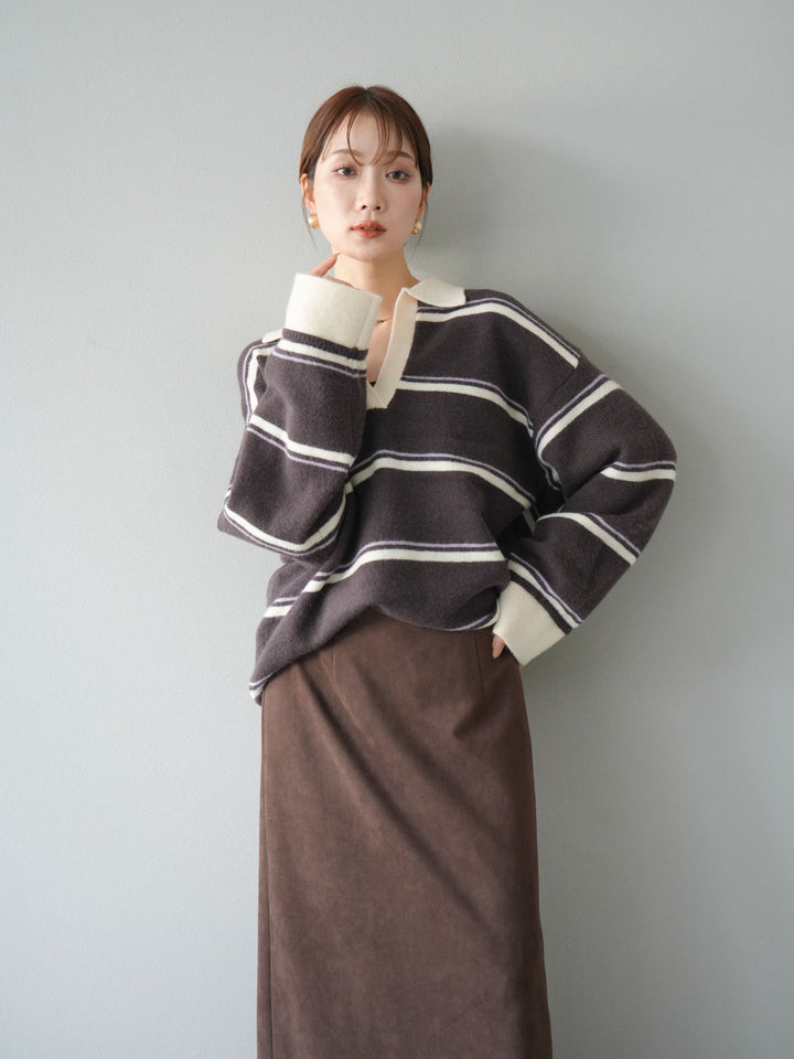 [SET]ポロ襟スキッパーボーダーニットプルオーバー+スウェードIラインスカート(2set)