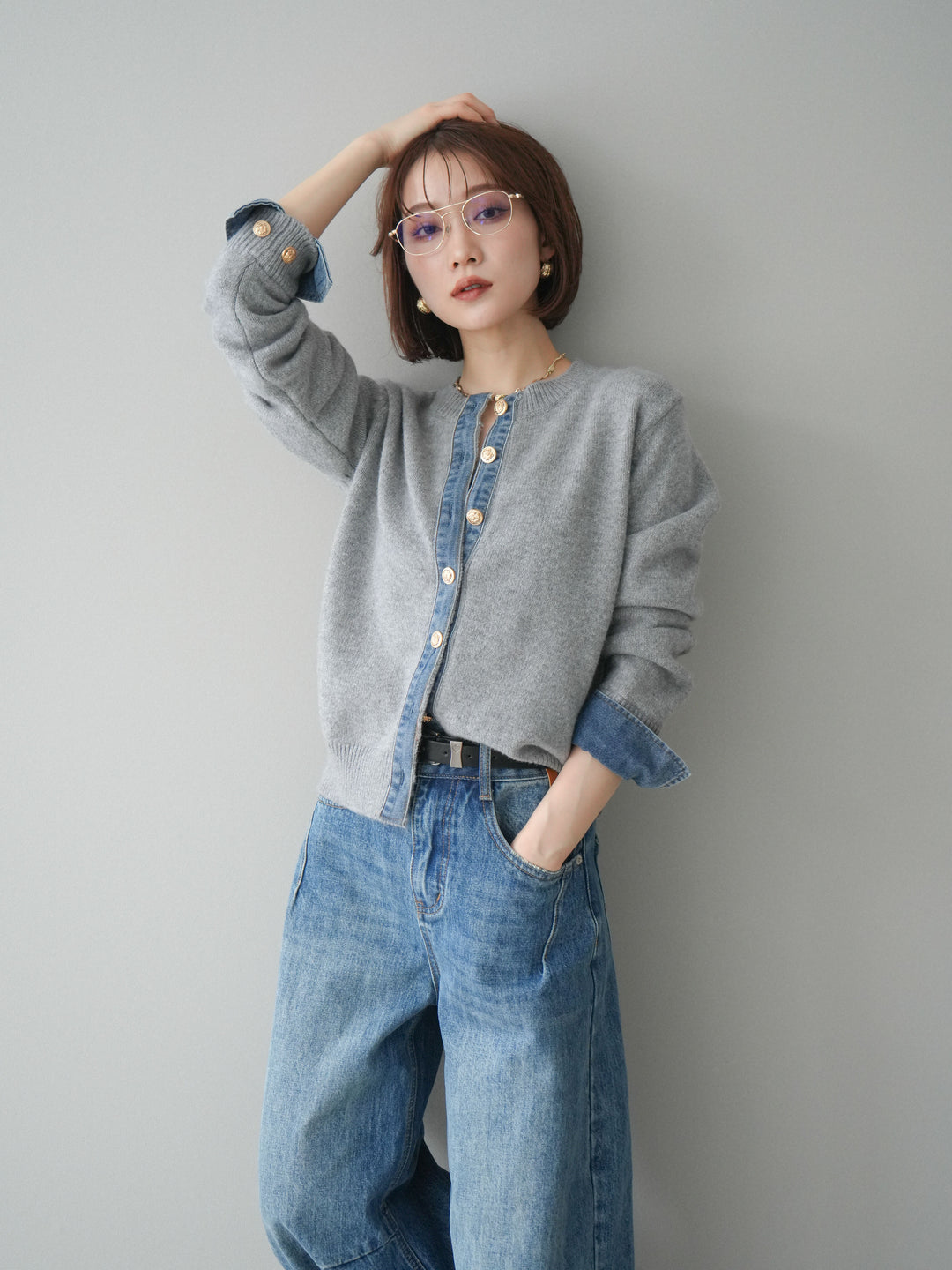 [SET]クルーネックデニムドッキングニットカーディガン+選べるアクセセット(2set)