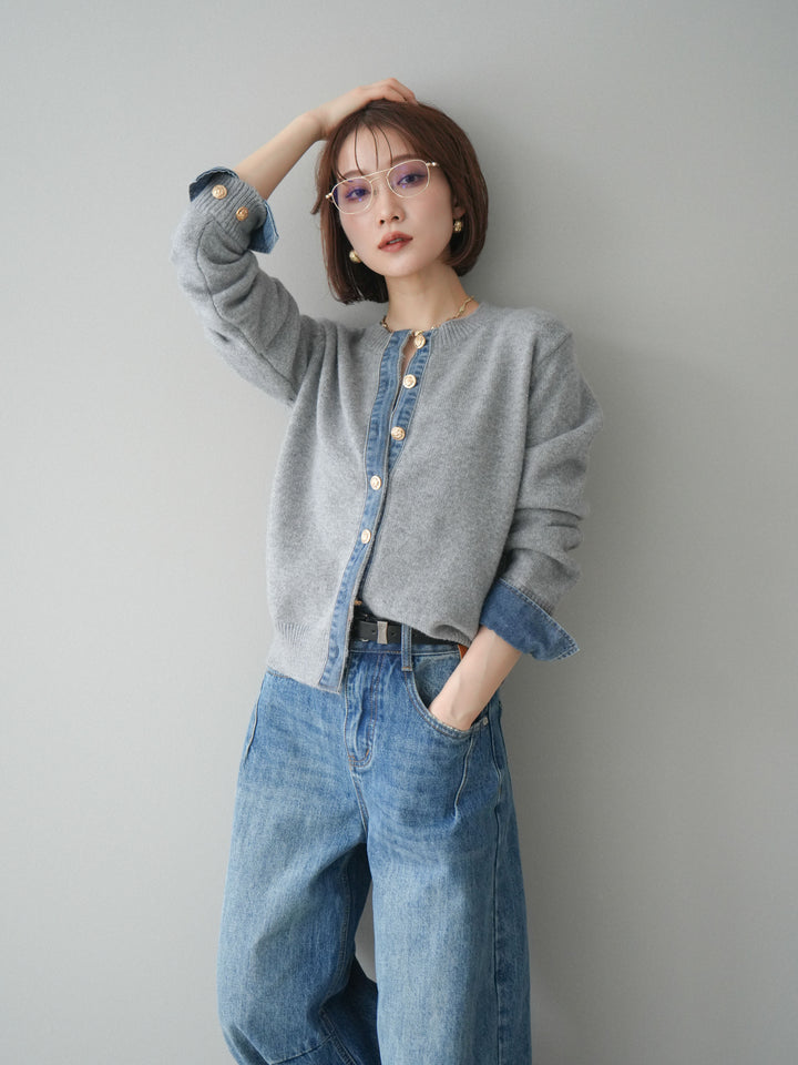 [SET]クルーネックデニムドッキングニットカーディガン+選べるアクセセット(2set)