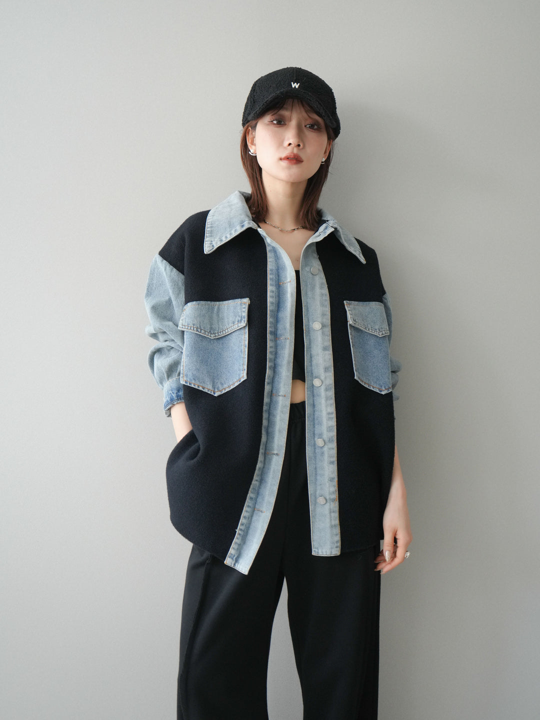 [予約]デニム襟ダブルフェイスニットカーディガン/black