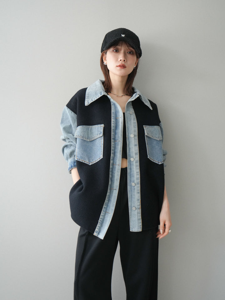 [予約]デニム襟ダブルフェイスニットカーディガン/black