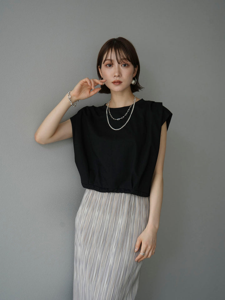 [Pre-order] Tuck shoulder hem drawstring ribbon top/Black