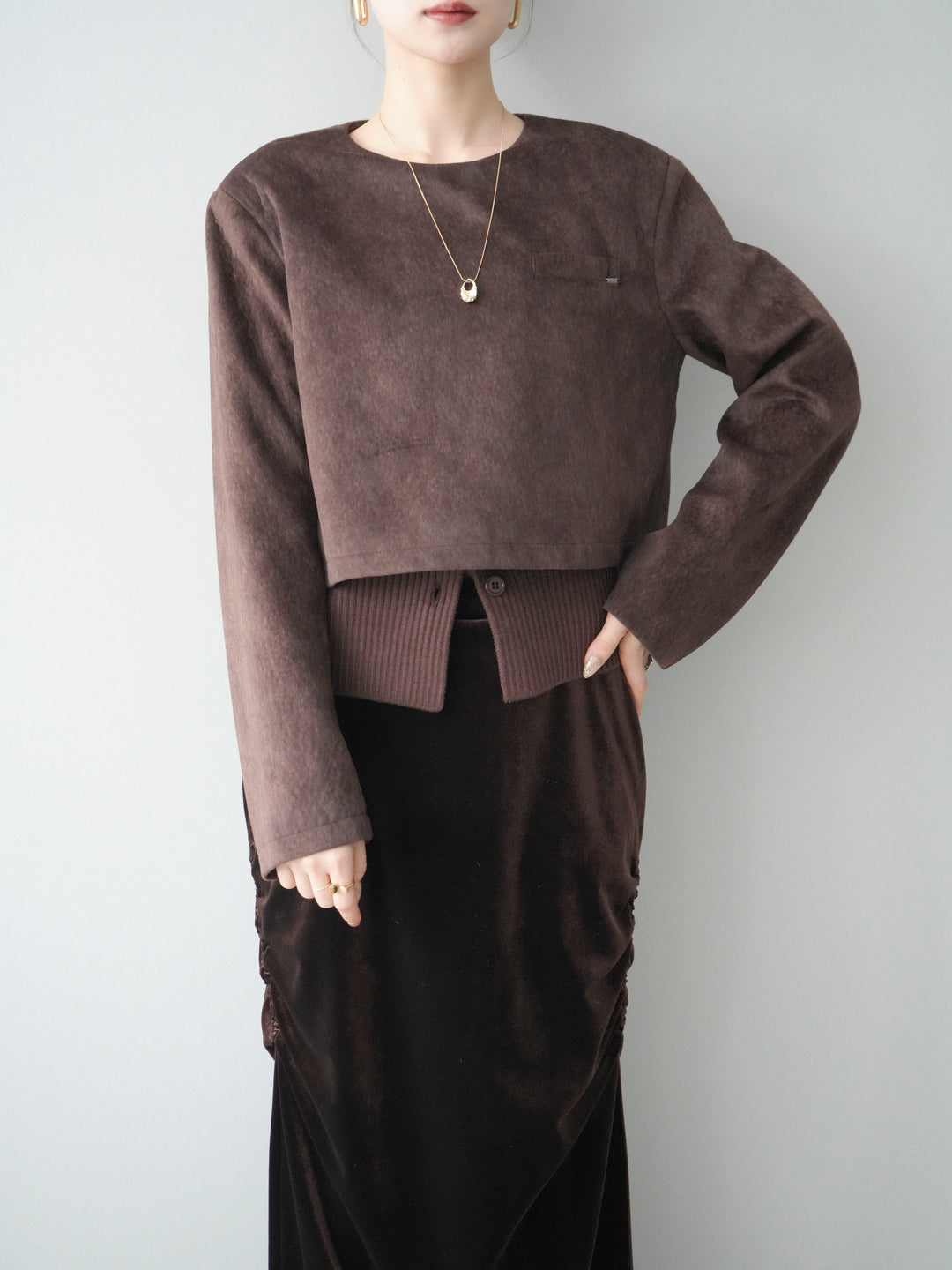[予約]リブニットレイヤードスエードプルオーバー/brown