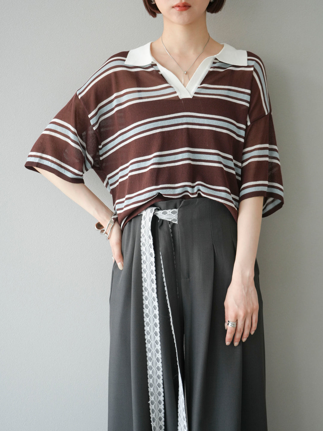 [予約]シアーポロニットプルオーバー/ブラウンボーダー