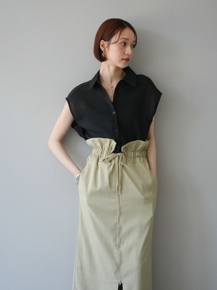 [SET]シアーチェックノースリーブシャツ+ヘザーエステルギャザージップスカート(2set)