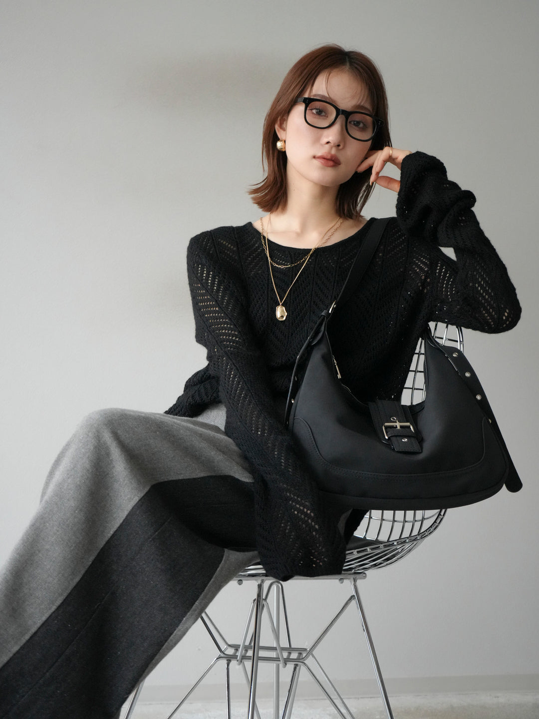 [予約]透かし編みニットトップス/ブラック