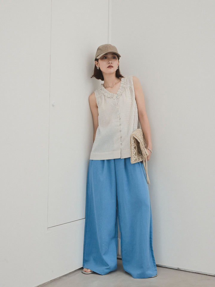 [SET] 條紋荷葉邊襯衫 + 亞麻觸感褶皺寬褲 (2 件套)