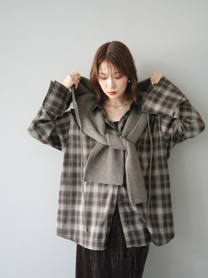 [SET]レザー襟オンブレチェックオーバーシャツ +クラッシュベロアナロースカート(2set)