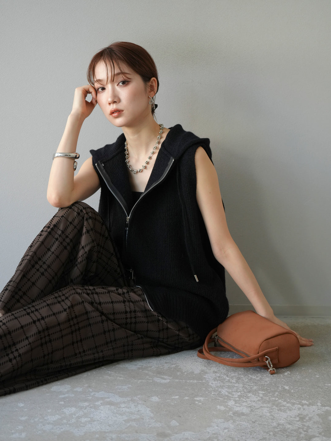 [予約]ノースリーブニットパーカー/ブラック