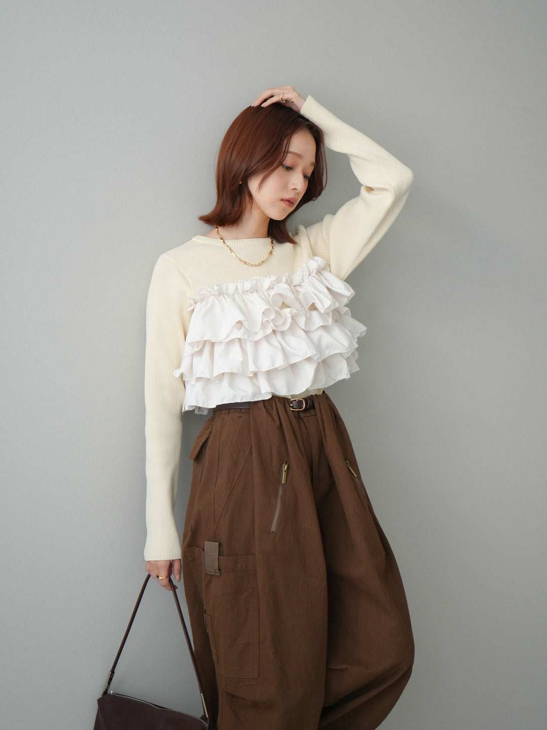 [SET]フリルビスチェドッキングスポンジニットプルオーバー+コットンタックループパンツ(2set)