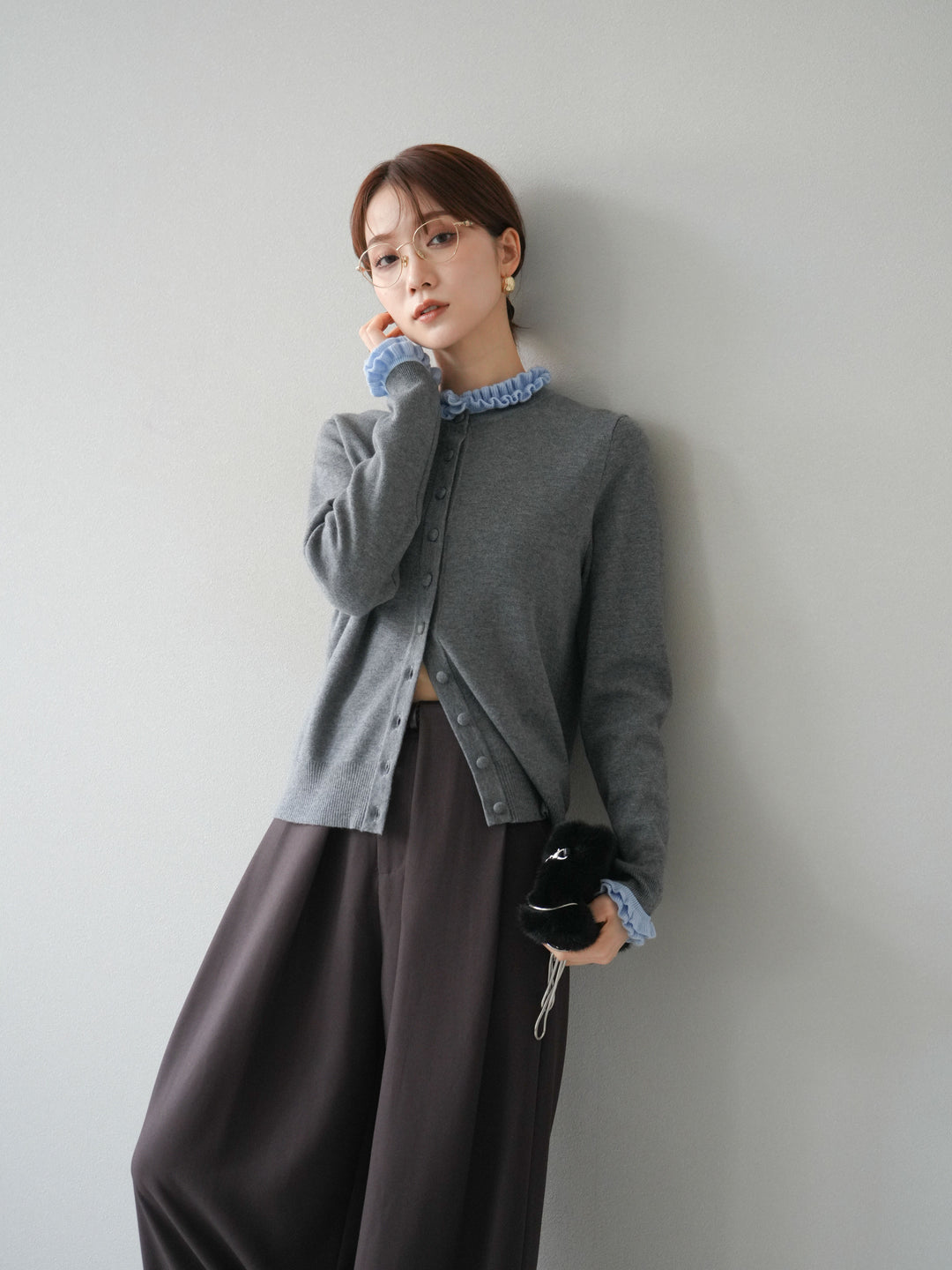 [予約]フリルデザインコンパクトニットカーディガン/グレー
