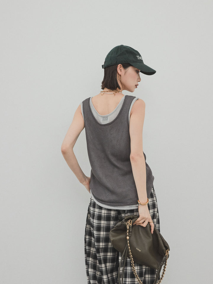 [預購] 雙色多層針織背心/黑色