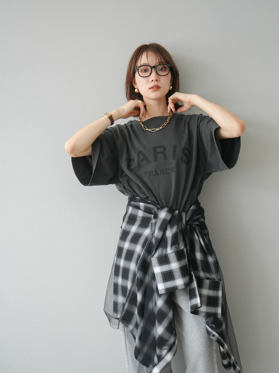 [予約]チュールドッキングチェック柄オーバーサイズシャツ/ブラック