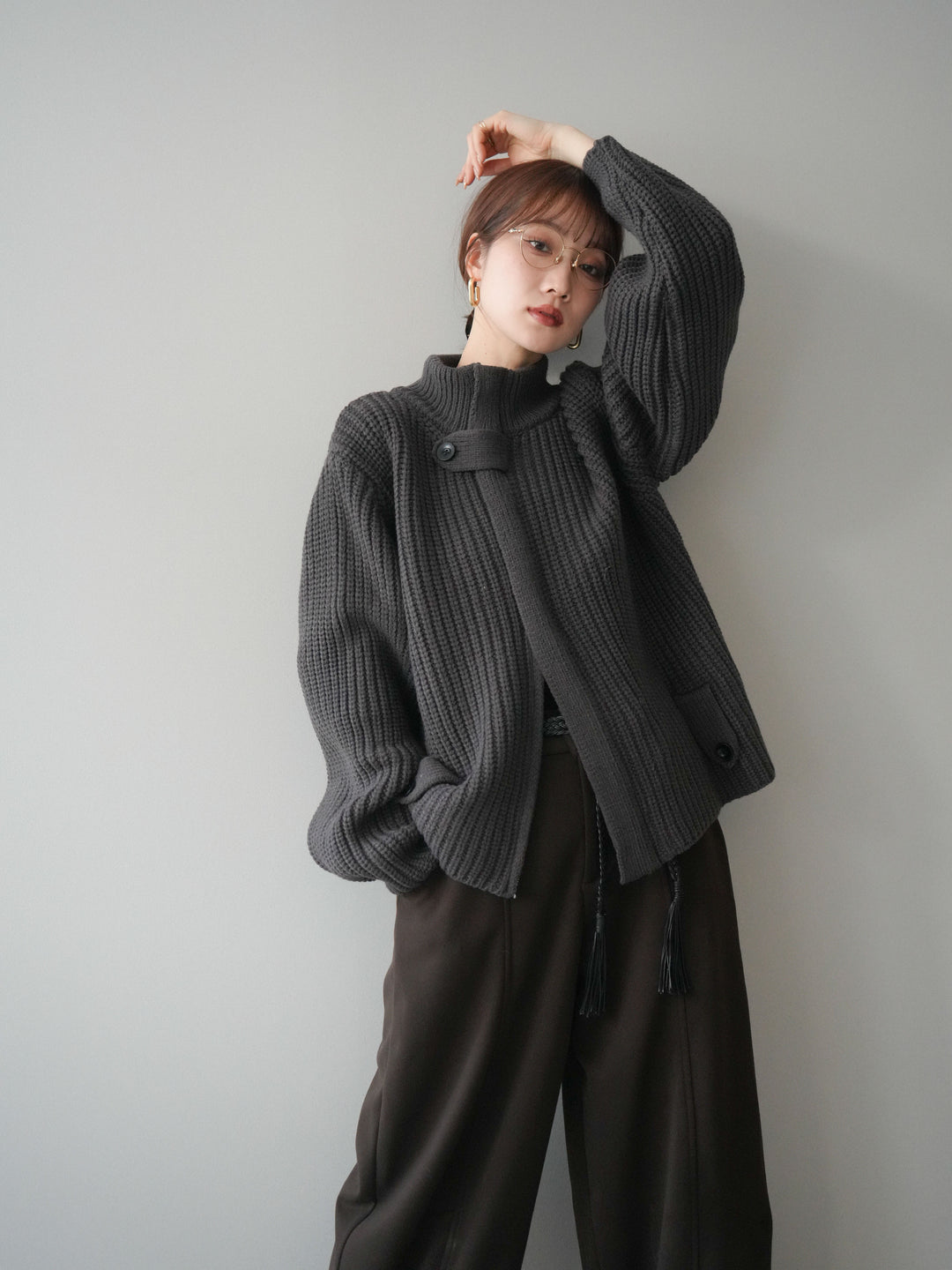 [SET]畦編みボトルネックZIPニットカーディガン+ベルト付裏起毛センターシームカーブパンツ(2set)