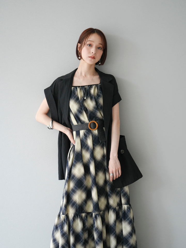 [SET]ベルト付チェックノースリーブワンピース+リネンライクノースリーブダブルジレ(2set)