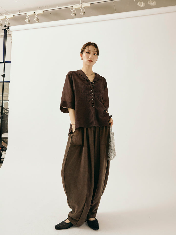 【Allure】[SET]シャイニースラブシアー開襟ハーフシャツ+リネンライクベイカーバルーンパンツ(2set)