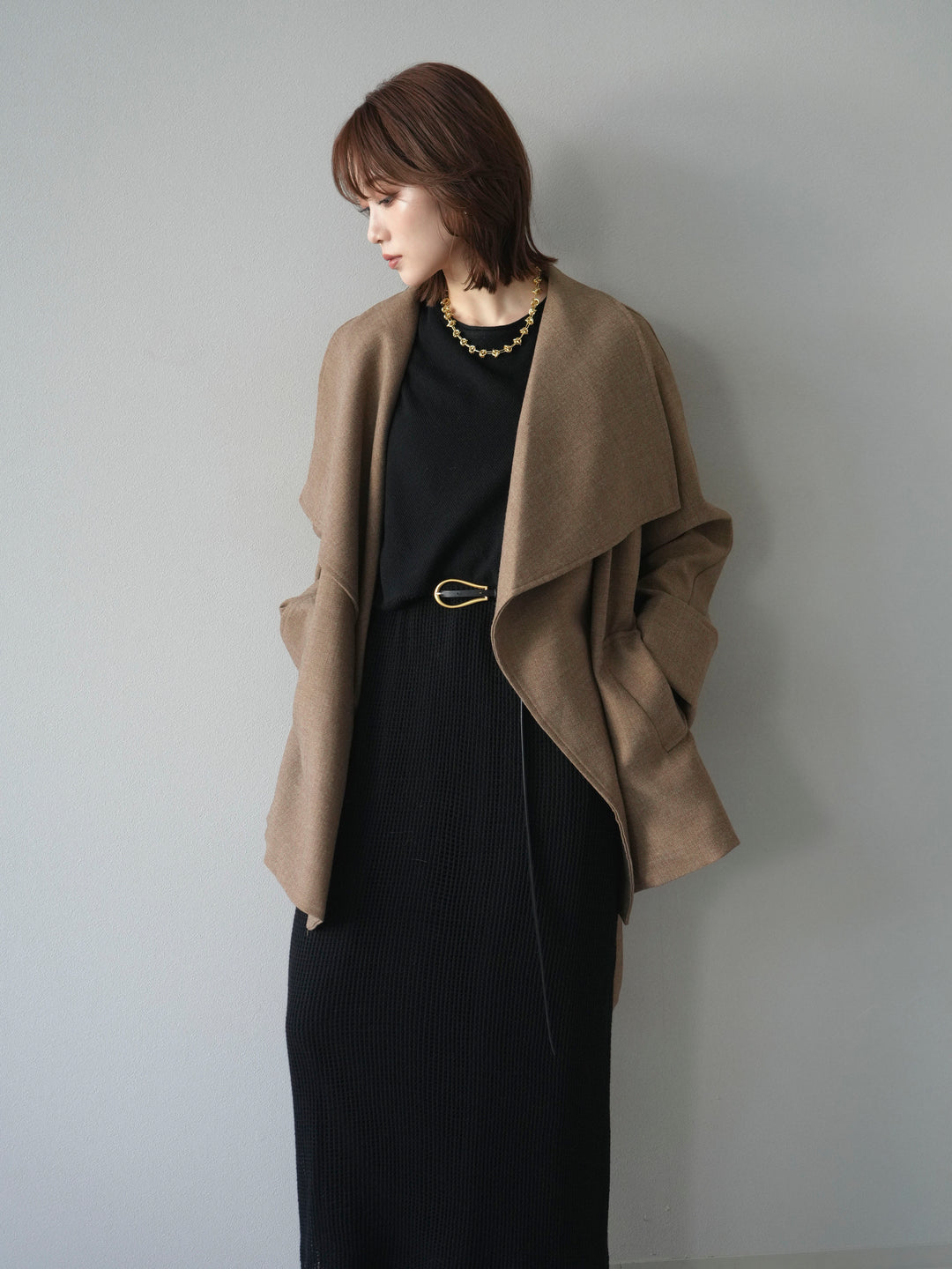 [予約]メッシュ切替ノースリーニットワンピース/black