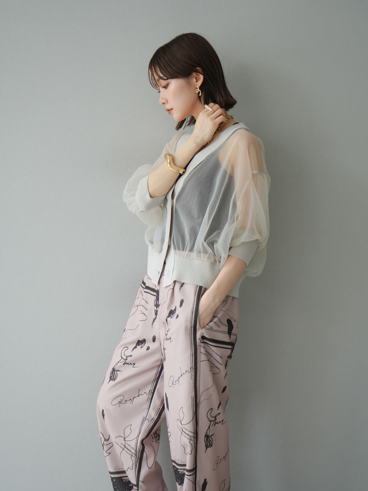 [SET] 透視半袖褶皺開襟衫 + 彩繪圖案褶襉褲 (2set)