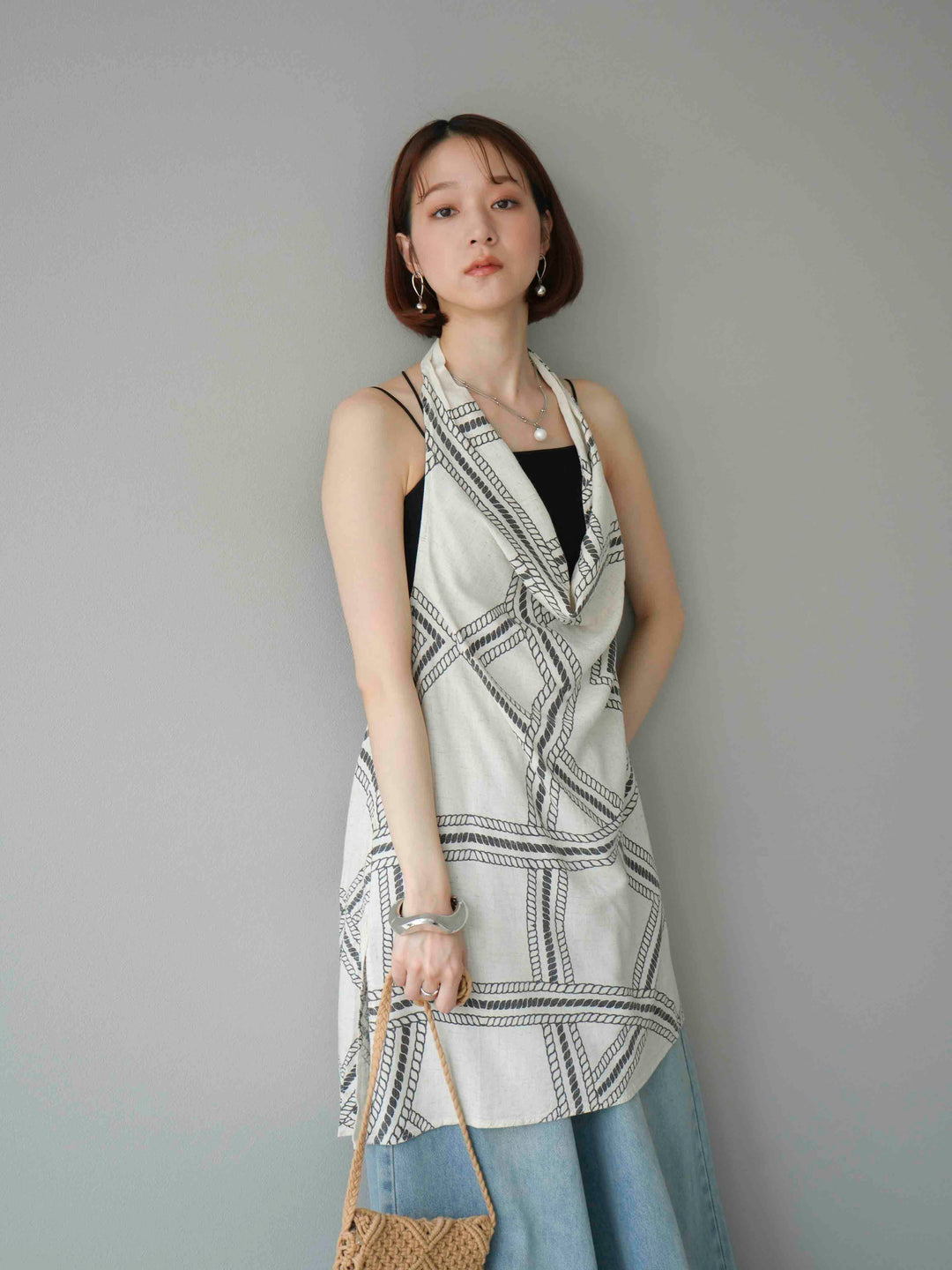 [予約]ロープ柄リネンタッチノースリブラウス/アイボリー