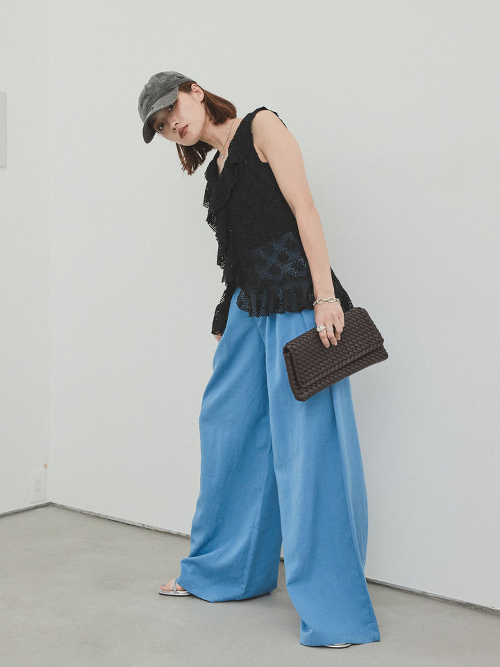 [預購] 紗帶荷葉邊無袖上衣/黑色